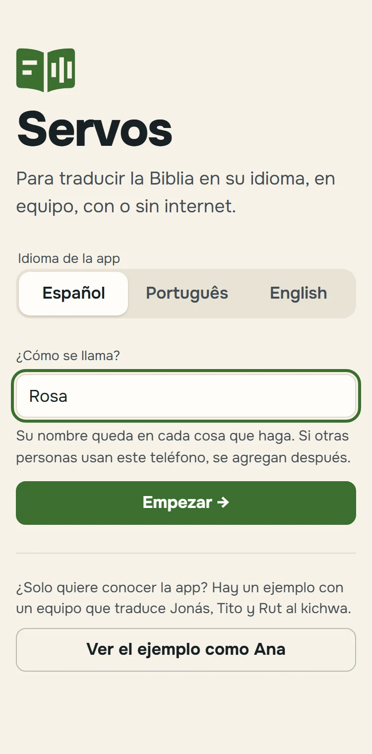 La primera pantalla: el idioma de la app y su nombre