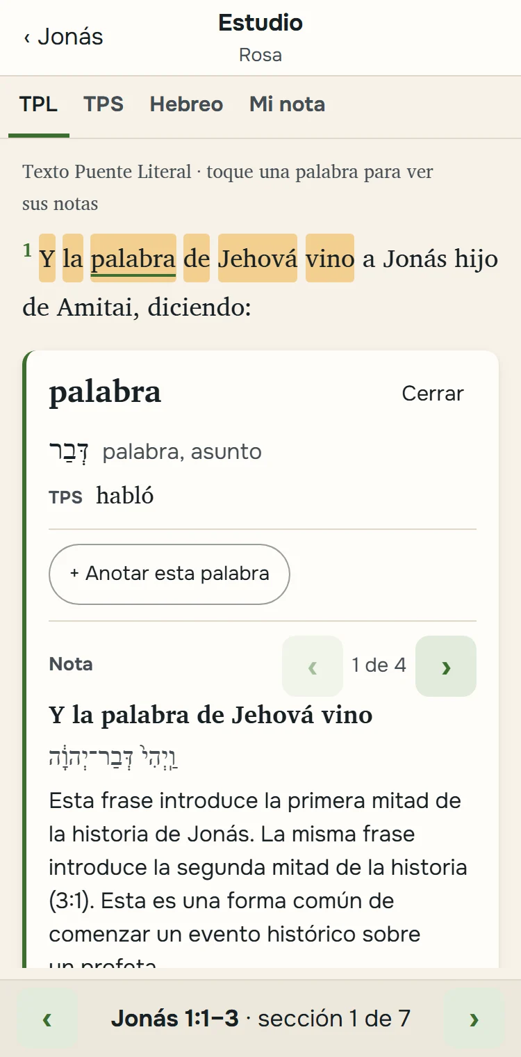 Servos en un teléfono: el estudio de Jonás 1:1, con la palabra del hebreo y su nota.